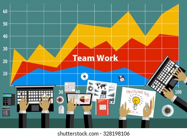 Team work with Flat style. A lot of design elements are included: computers, mobile devices, desk supplies, pencil,coffee mug, sheets,documents and so on