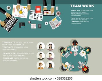 Team work with Flat style. A lot of design elements are included: computers, mobile devices, desk supplies, pencil,coffee mug, sheets,documents and so on