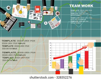 Team work with Flat style. A lot of design elements are included: computers, mobile devices, desk supplies, pencil,coffee mug, sheets,documents and so on