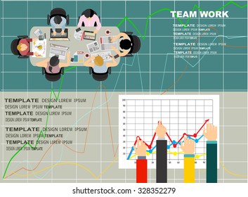 Team work with Flat style. A lot of design elements are included: computers, mobile devices, desk supplies, pencil,coffee mug, sheets,documents and so on