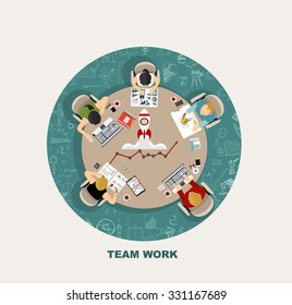 Team work with Flat style. A lot of design elements are included: computers, mobile devices, desk supplies, pencil,coffee mug, sheets,documents and so on