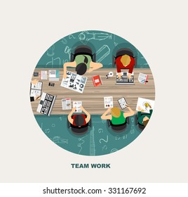 Team work with Flat style. A lot of design elements are included: computers, mobile devices, desk supplies, pencil,coffee mug, sheets,documents and so on
