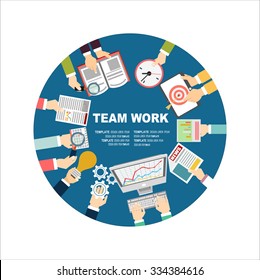 Team work with Flat style. A lot of design elements are included: computers, mobile devices, desk supplies, pencil,coffee mug, sheets,documents and so on