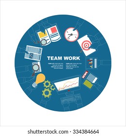 Team work with Flat style. A lot of design elements are included: computers, mobile devices, desk supplies, pencil,coffee mug, sheets,documents and so on