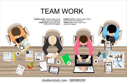Team work with Flat style. A lot of design elements are included: computers, mobile devices, desk supplies, pencil,coffee mug, sheets,documents and so on