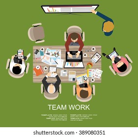 Team work with Flat style. A lot of design elements are included: computers, mobile devices, desk supplies, pencil,coffee mug, sheets,documents and so on