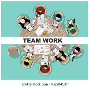 Team work with Flat style. A lot of design elements are included: computers, mobile devices, desk supplies, pencil,coffee mug, sheets,documents and so on