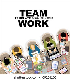 Team work with Flat style. A lot of design elements are included: computers, mobile devices, desk supplies, pencil,coffee mug, sheets,documents and so on