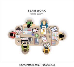 Team work with Flat style. A lot of design elements are included: computers, mobile devices, desk supplies, pencil,coffee mug, sheets,documents and so on
