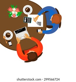 Team work in flat style. People and many elements for business. Computer calculator pencil graphic smart phone coffee plan graphic.
