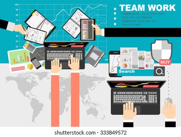 Team work with Flat style.concepts for business analysis and planning, consulting, project management,financial report and strategy . Concepts web banner and printed materials.