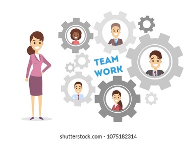 Team work gears. Boss with his employees.