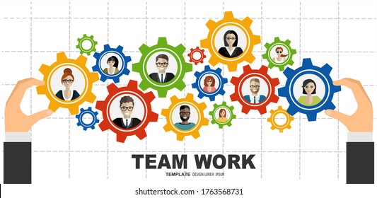 Concepto de engranajes de trabajo en equipo. Administración de equipos. Gestión del trabajo en equipo. Conceptos para análisis y planificación de negocios, consultoría, trabajo en equipo. Idea de cooperación, unión y colaboración.