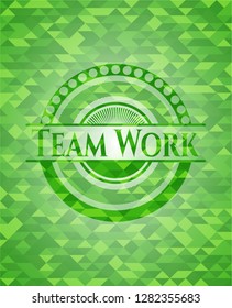 Team Work green emblem with triangle mosaic background