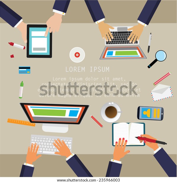 Team Work Hands Computers On Round Stock Vector (Royalty Free ...