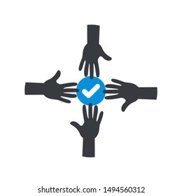 Team work. Team hands together icon with check sign, approved, confirm, done, tick, completed symbol