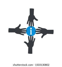Team work. Team hands together icon with information sign, about, faq, help, hint symbol