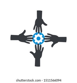 Team work. Team hands together icon with settings sign, customize, setup, manage, process symbol
