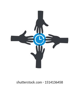 Team work. Team hands together icon with clock sign, countdown, deadline, schedule, planning symbol
