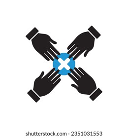 Team work. Team hands together icon with cancel sign, close, delete, remove symbol