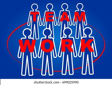 Team Work Headline On Slide With People Silhouetts, White Line Design Od Dark Blue Gradient Background, Soft Skills Training, Business Course Intro, Vector EPS 10