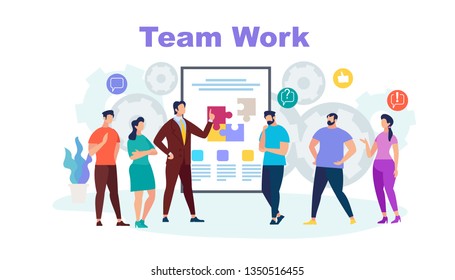Team Work Horizontal Banner with Copy Space. Office Business People Listen Speaking Coacher at Big Screen with Puzzle Pieces. Employees Watch Presentation. Cartoon Characters. Flat Vector Illustration