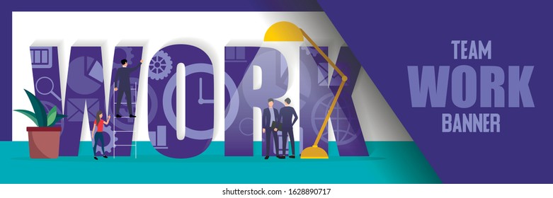 Team work horizontal banner. Flat design vector illustration.