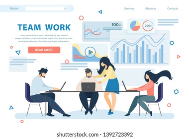 Team Work Horizontal Banner. Group of Business People Sitting Around of Table in Office with Gadgets and Laptops on Background with Analytics Graphs Information. Cartoon Flat Vector Illustration.