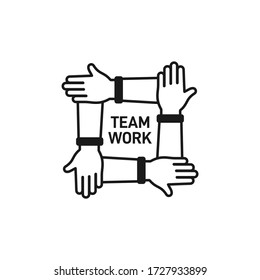 Icono de trabajo en equipo. Cuatro manos se aferran unas a otras aisladas sobre fondo blanco. Ilustración del vector