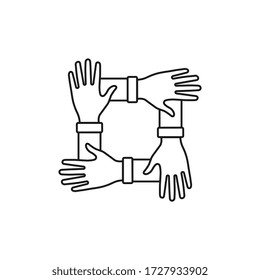 Icono de trabajo en equipo. Cuatro manos se aferran unas a otras aisladas sobre fondo blanco. Ilustración del vector