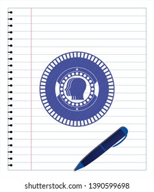 team work icon draw with pen effect. Blue ink. Vector Illustration. Detailed.