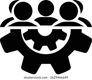 Ícone de trabalho em equipe, quatro pessoas em um ícone de engrenagem, símbolo de grupo comunitário. Ícone de trabalho de equipe de linha. Ilustração vetorial do trabalho em equipe