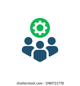 Team Work Icon With Gear Like Easy Operation Process. Flat Cartoon Trend Technical Union Of People Logotype Graphic Simple Design Element Isolated On White. Concept Of Tech Help Service Or Maintenance