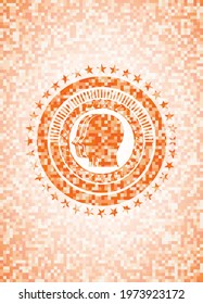 team work icon inside abstract orange mosaic emblem. 