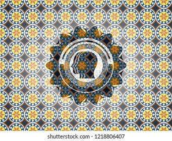 team work icon inside arabic emblem. Arabesque decoration.