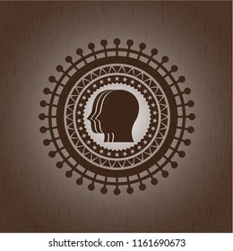 team work icon inside badge with wooden background