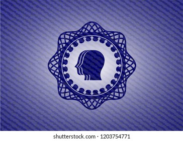 team work icon inside badge with denim texture