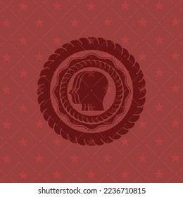 team work icon inside badge with red background. 