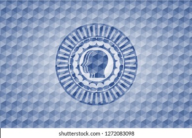team work icon inside blue badge with geometric pattern.