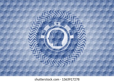 team work icon inside blue emblem or badge with geometric pattern background.