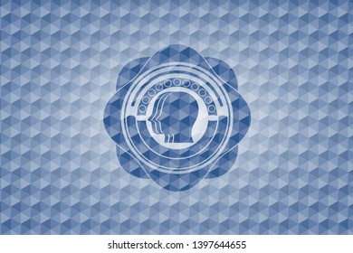 team work icon inside blue badge with geometric pattern.