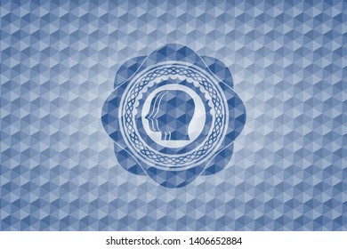 team work icon inside blue emblem or badge with geometric pattern background.