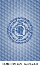 team work icon inside blue emblem with geometric pattern background.