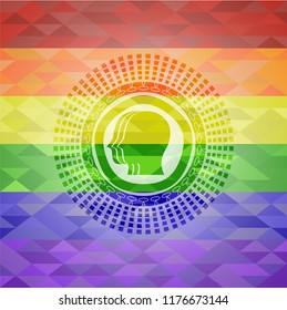 team work icon inside emblem on mosaic background with the colors of the LGBT flag