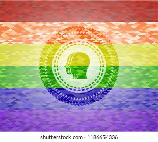 team work icon inside emblem on mosaic background with the colors of the LGBT flag