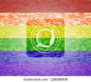 team work icon inside emblem on mosaic background with the colors of the LGBT flag