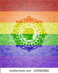 team work icon inside emblem on mosaic background with the colors of the LGBT flag
