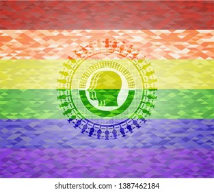 team work icon inside emblem on mosaic background with the colors of the LGBT flag