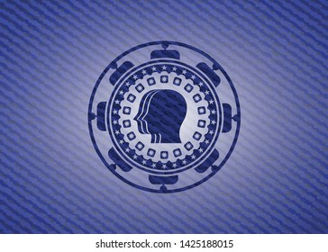 team work icon inside emblem with denim texture