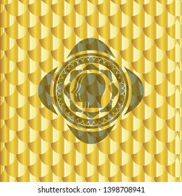 team work icon inside gold emblem. Scales pattern. Vector Illustration. Detailed.